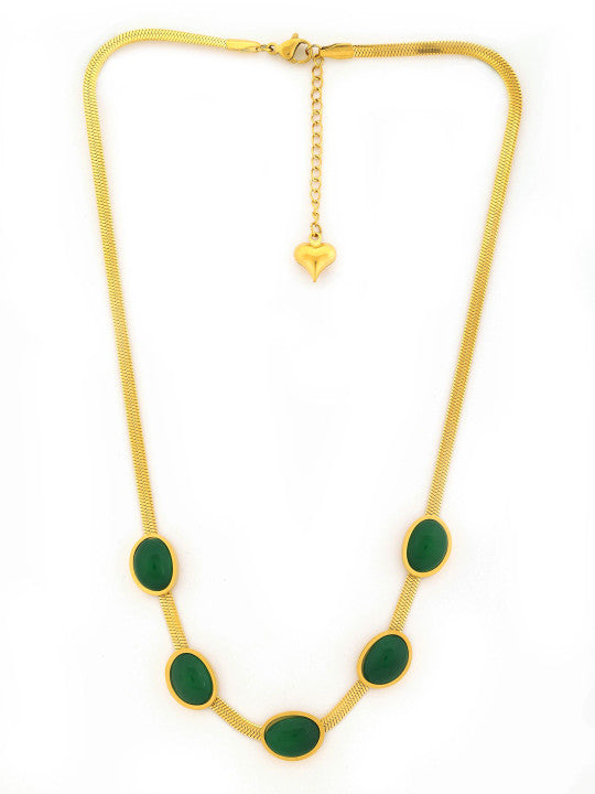Gold-Plated Statement Necklace – Green Gemstone Inlay
