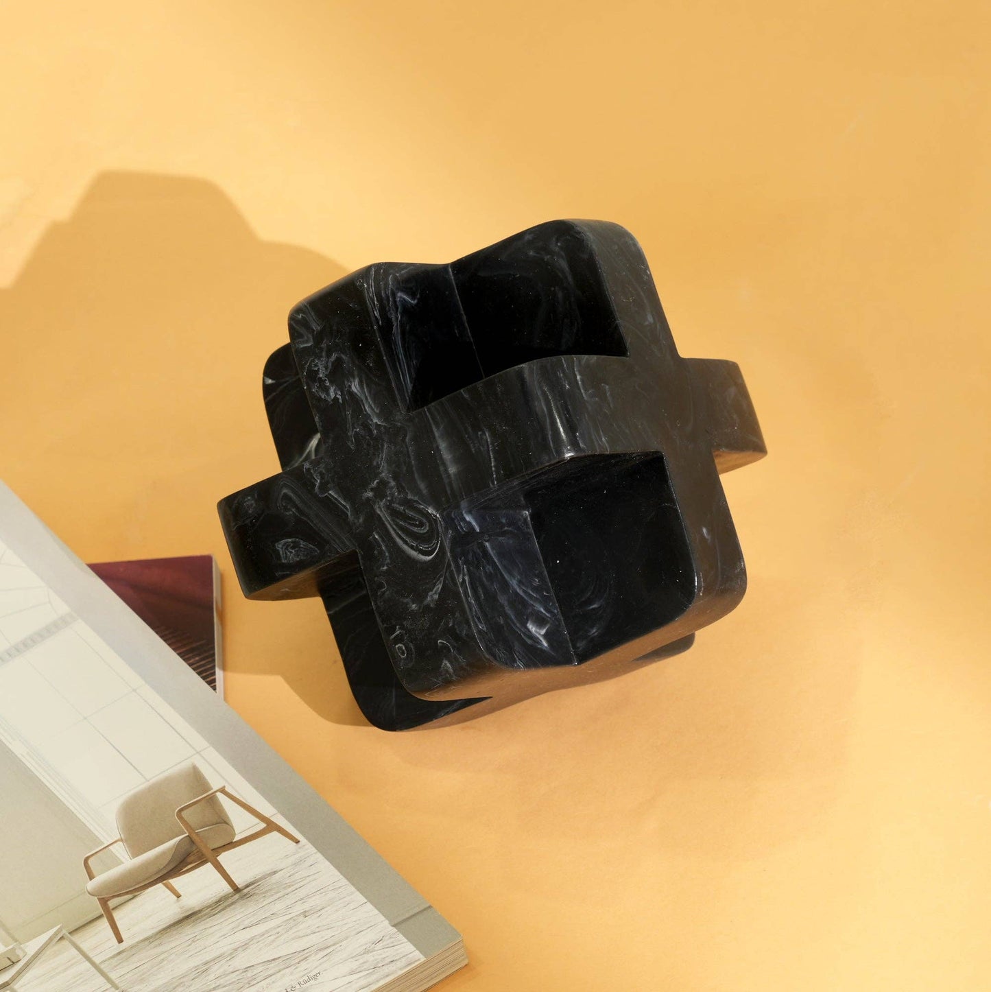Abstract Cubist Décor Object in Black Matte Polyresin