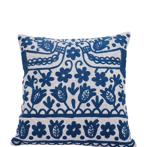 Blue Embroidered Cotton Cushion with Filler 45x45 cm
