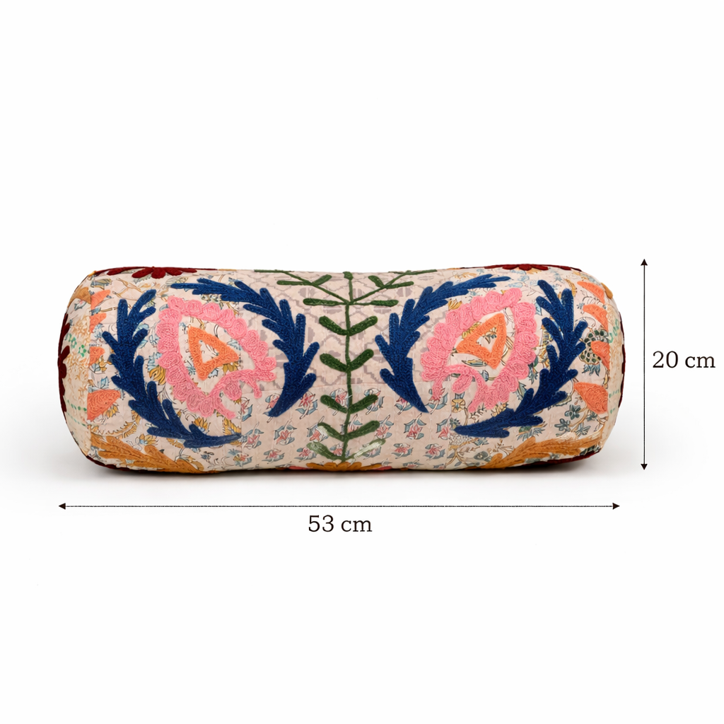 Floral Embroidered Cotton Bolster Cushion Multicolor 53 x 20
