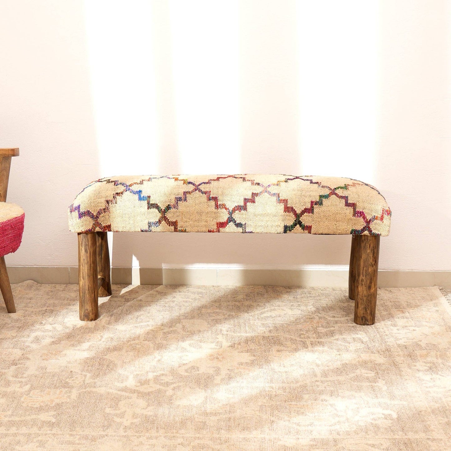 Embroidered Jute Bench with Bamboo Legs – 114 cm