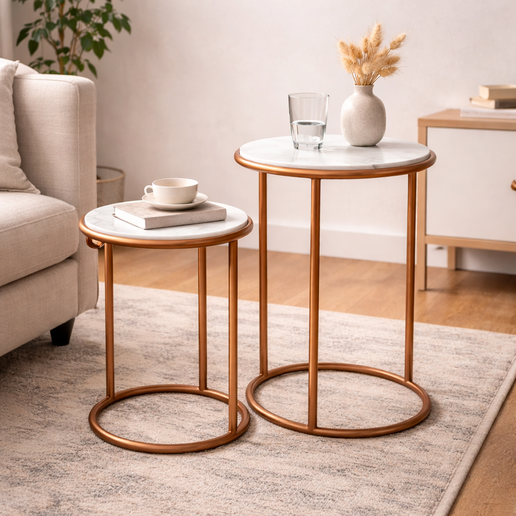Copper & Marble C-Shape Nesting Tables – Set of 2 Side Table