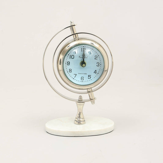 Vintage World Globe Desk Clock - Marble & Nickel Table Accen