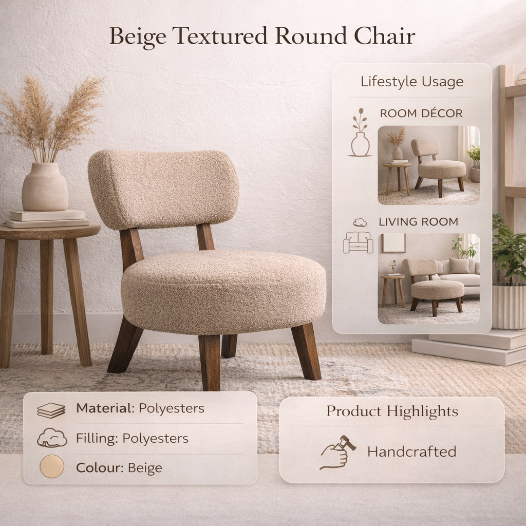 Beige Upholstered Accent Chair with Wood Legs