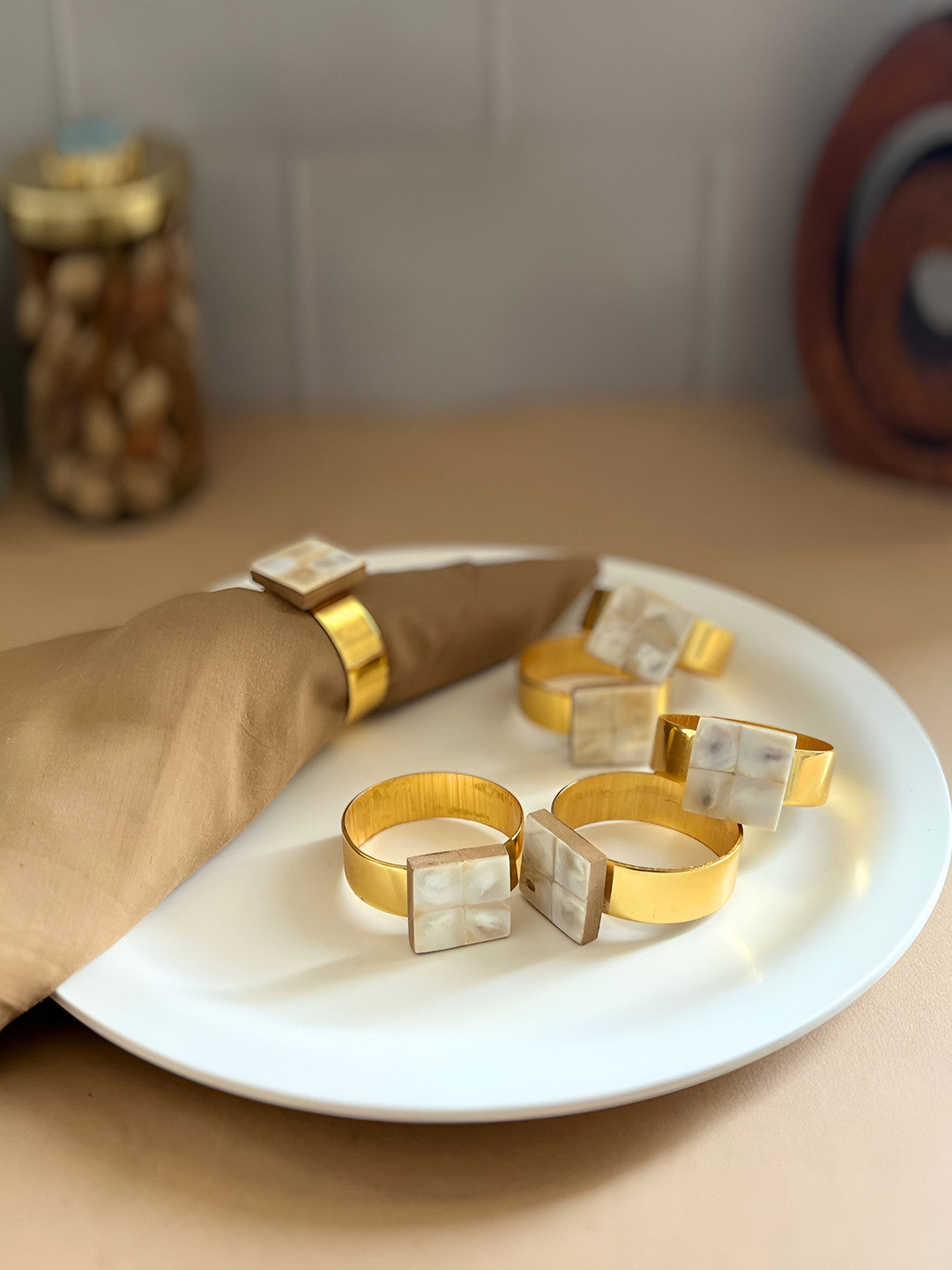 Blue & Gold Toned Square Mother of Pearl Napkin Rings – Table Accessories – Metal & MOP – 6 Pc Set