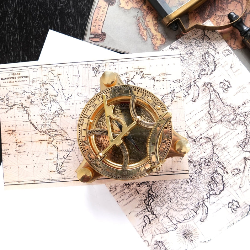 Antique Brass Sundial Compass - Nautical Desk Decor