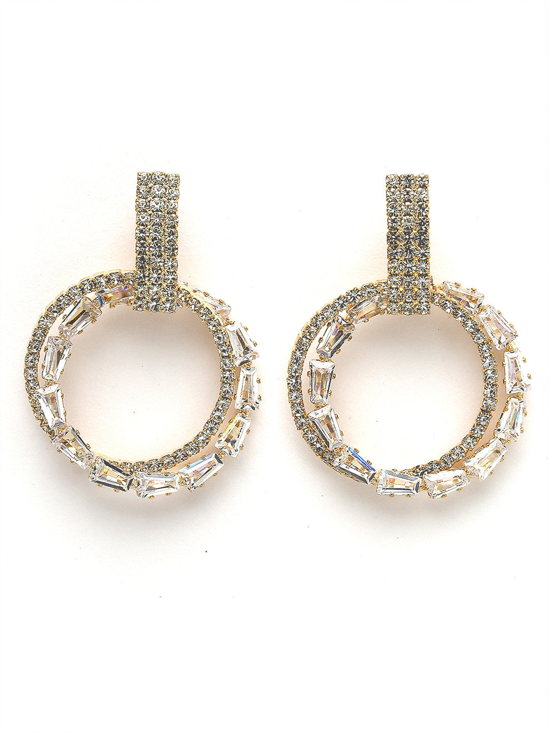 Contemporary Gold-Plated Cubic Zirconia Round Dangler Drop Earrings – Fashion Jewelry – Gold-Plated Finish – 3.7cm Length