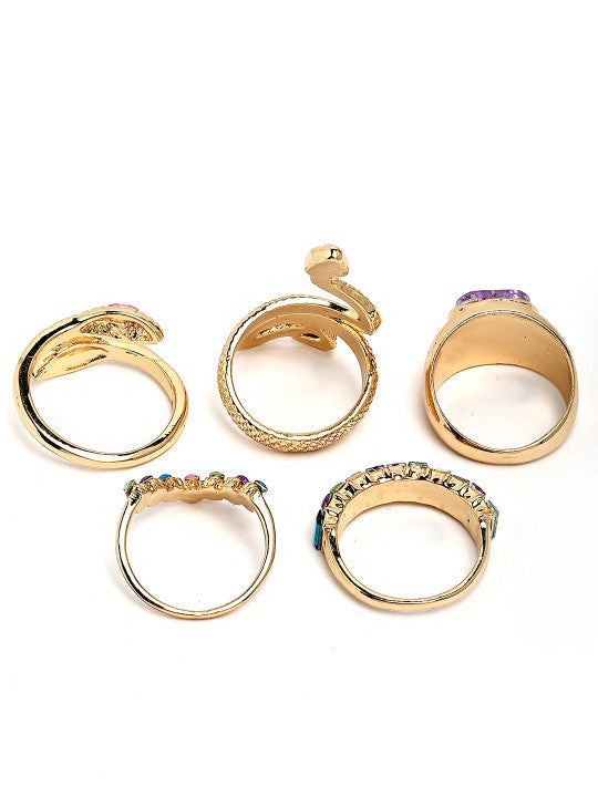 Multi-Design Ring Set – Gold-Tone & CZ Embellished – 5-Piece Assortment