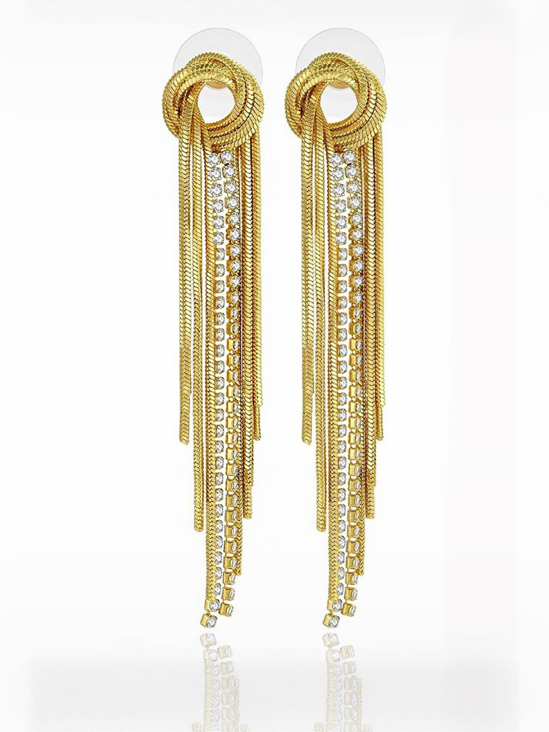 Gold-Plated American Diamond Chain Tassel Studs – Earrings – Gold-Toned Finish – 9.5cm Length