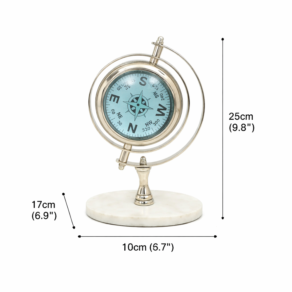 Vintage World Globe Desk Clock - Marble & Nickel Table Accen