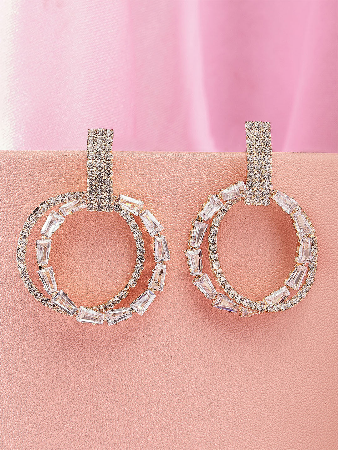 Contemporary Gold-Plated Cubic Zirconia Round Dangler Drop Earrings – Fashion Jewelry – Gold-Plated Finish – 3.7cm Length