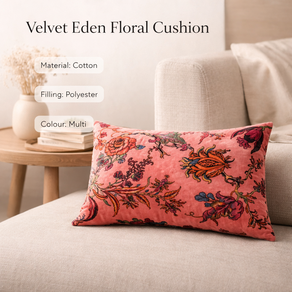Velvet Eden Floral Cotton Lumbar Cushion 35 x 60 cm