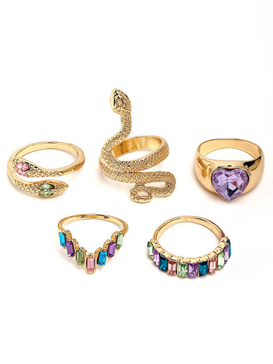 Multi-Design Ring Set – Gold-Tone & CZ Embellished – 5-Piece Assortment