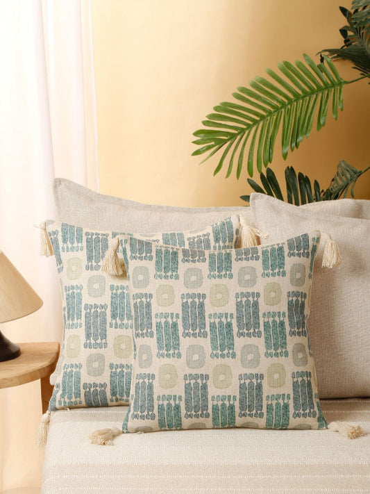 Set of 2 - Geometric Tasselled Pillow Covers – Poly Linen Blend