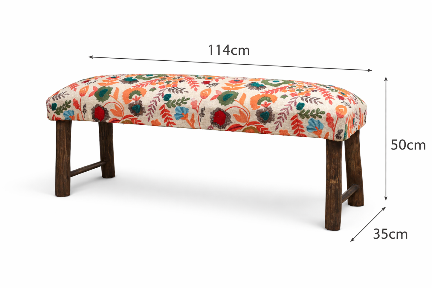 Floral Cotton bench Upholstered with Wooden Legs 114 cm
