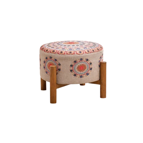 Embroidered Mandala Cotton Pouf Stool with Wooden Legs