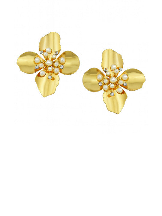 Flower Embellished Studs – Stud Earrings – Gold-Plated Alloy, Faux Stone & Pearl