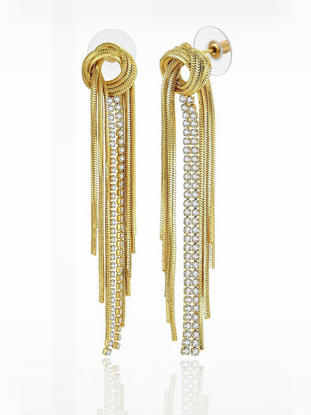 Gold-Plated American Diamond Chain Tassel Studs – Earrings – Gold-Toned Finish – 9.5cm Length