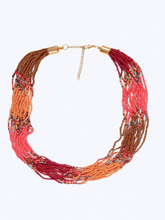 Multi-Strand Layered Necklace with Decorative Beads – Red & Orange Tones