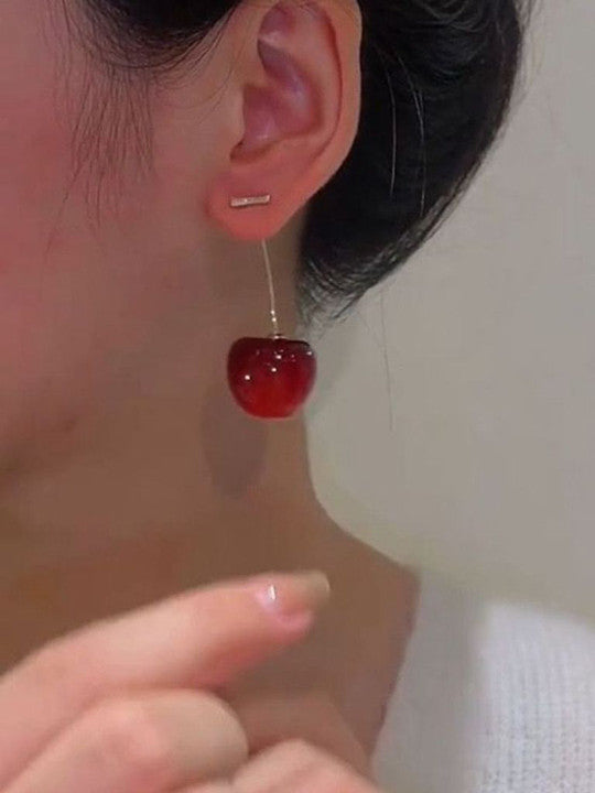 Cherry Dangle Earrings – Red Artificial Beads - Push Back Closure