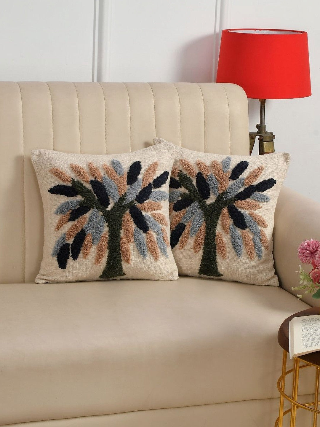 Set of 2 - White & Green Floral Square Cushion Covers – Decorative Pillow Covers – Breathable Cotton