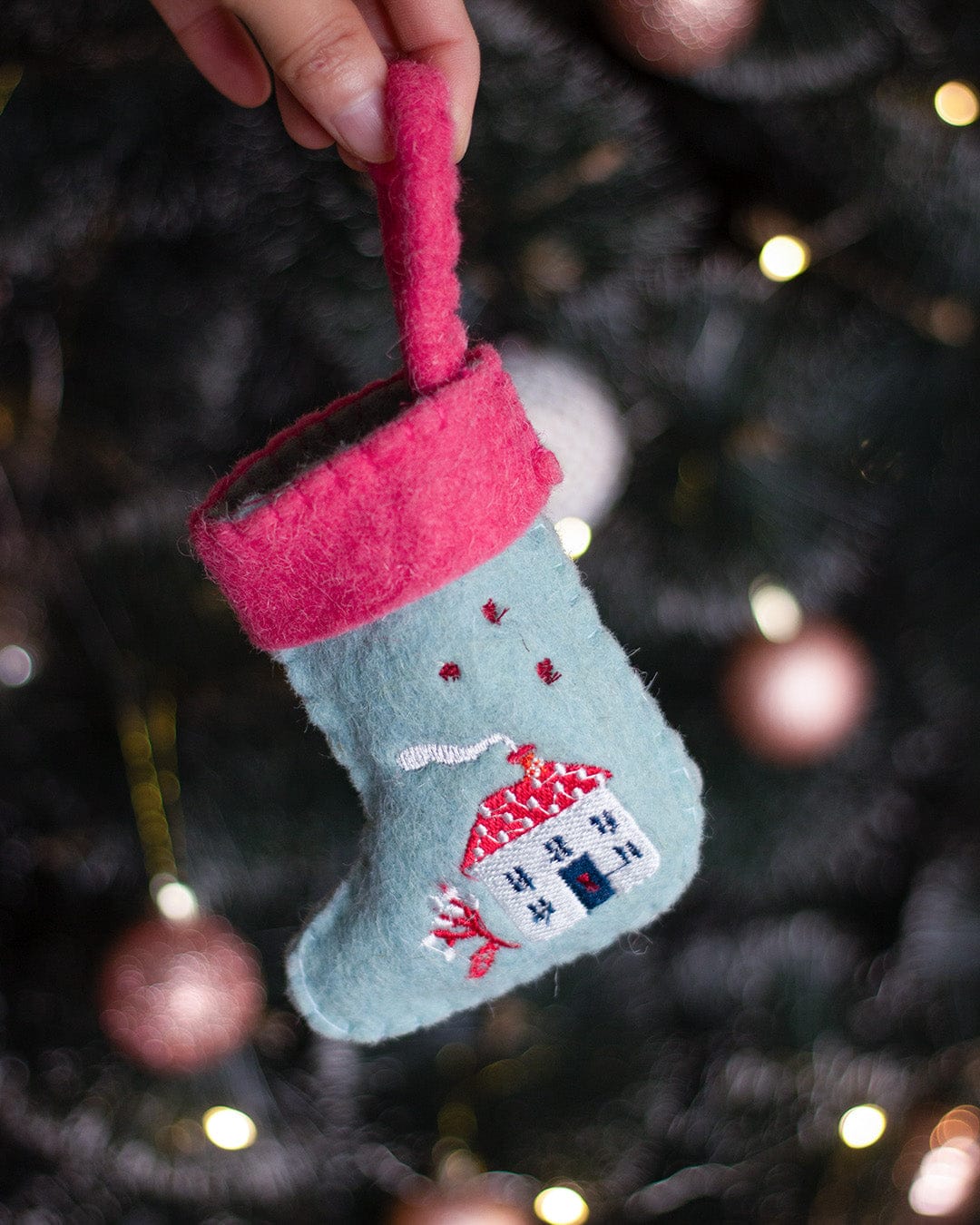 Christmas Ornament | Felt Embroidered Stocking Happy Home