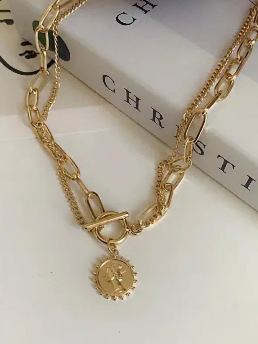Gold-Plated Layered Necklace – Vintage Coin Pendant – Stainless Steel Jewellery – Retail Stock