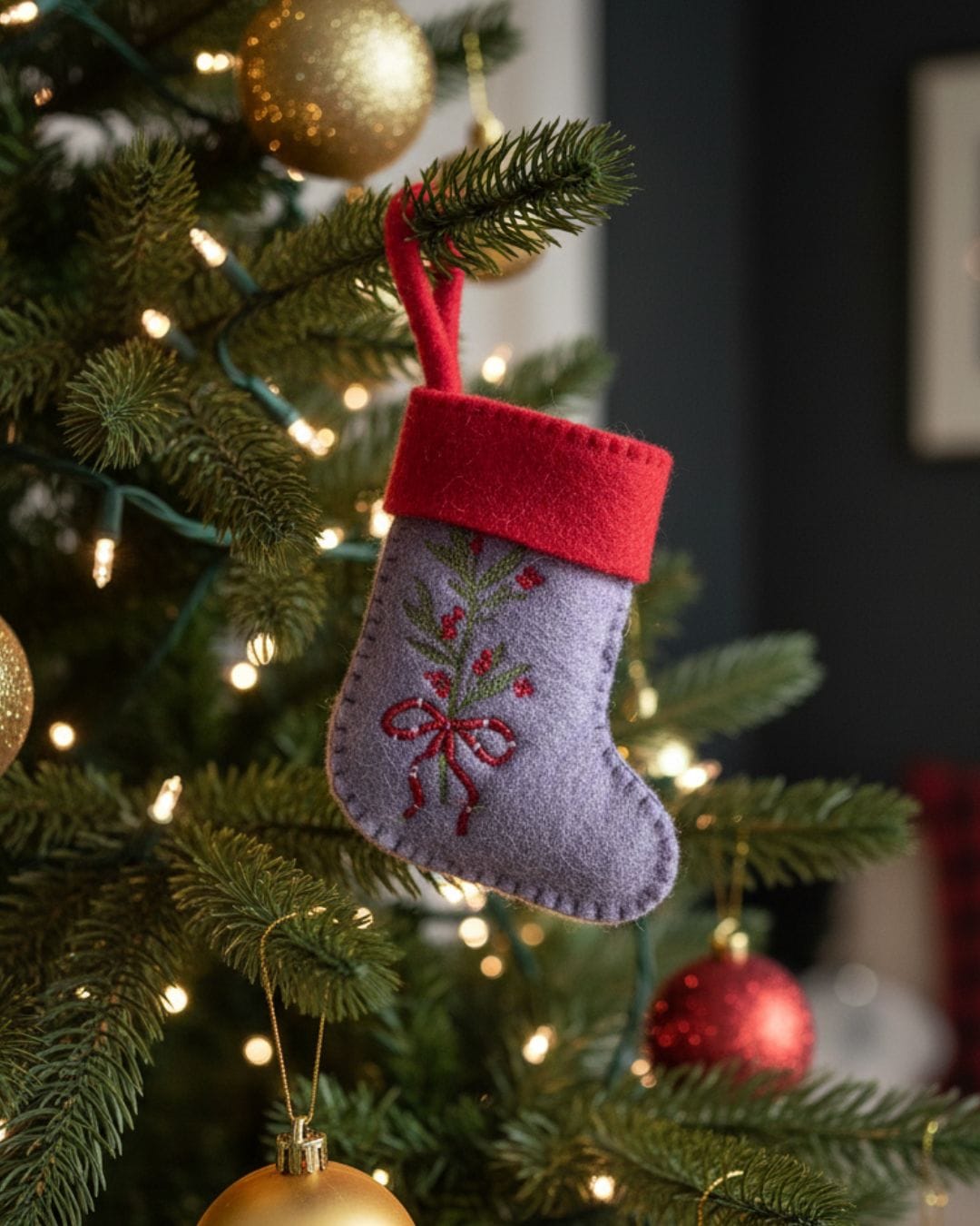 Christmas Ornament | Felt Embroidered Holly Stocking