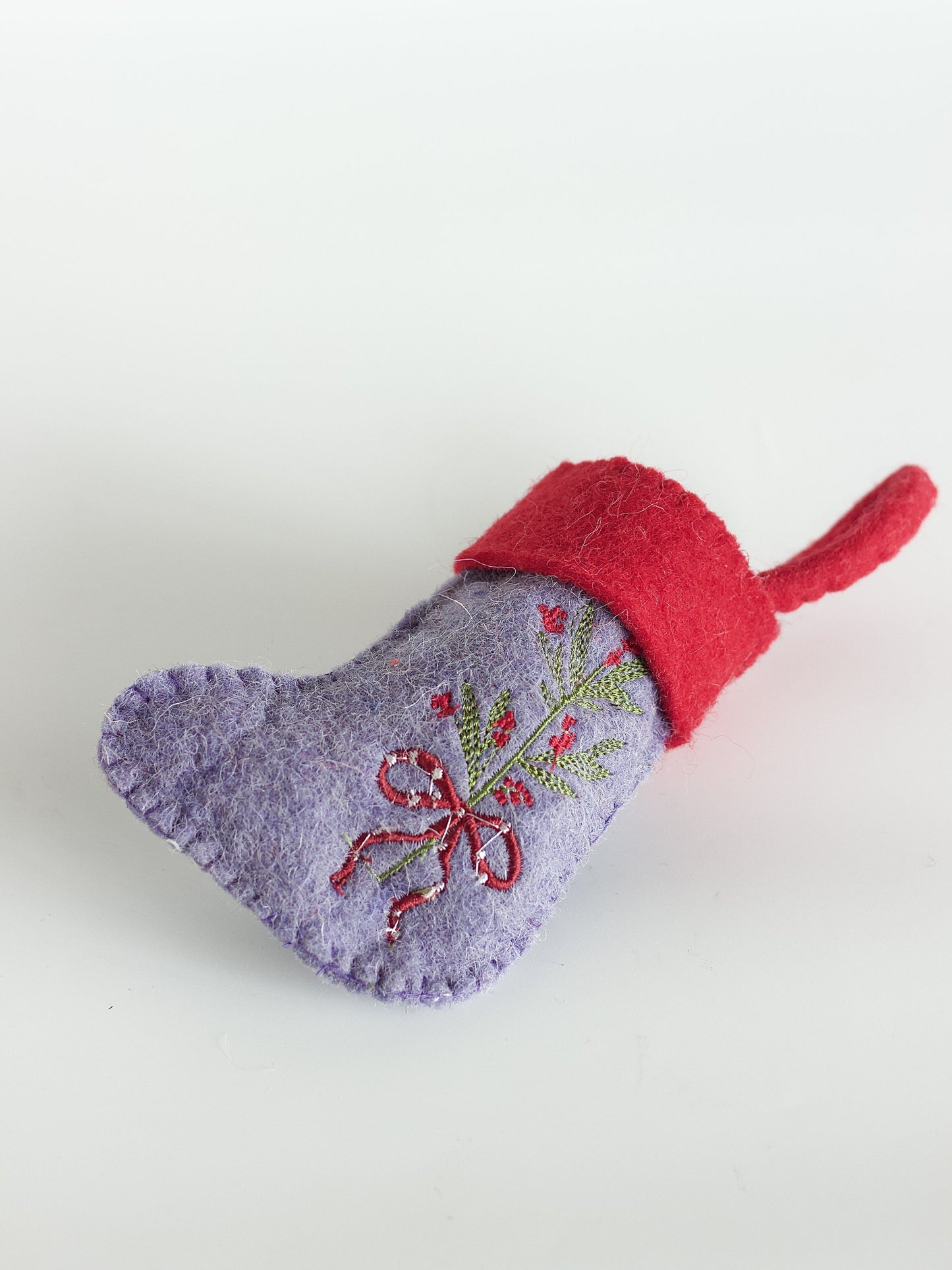 Christmas Ornament | Felt Embroidered Holly Stocking