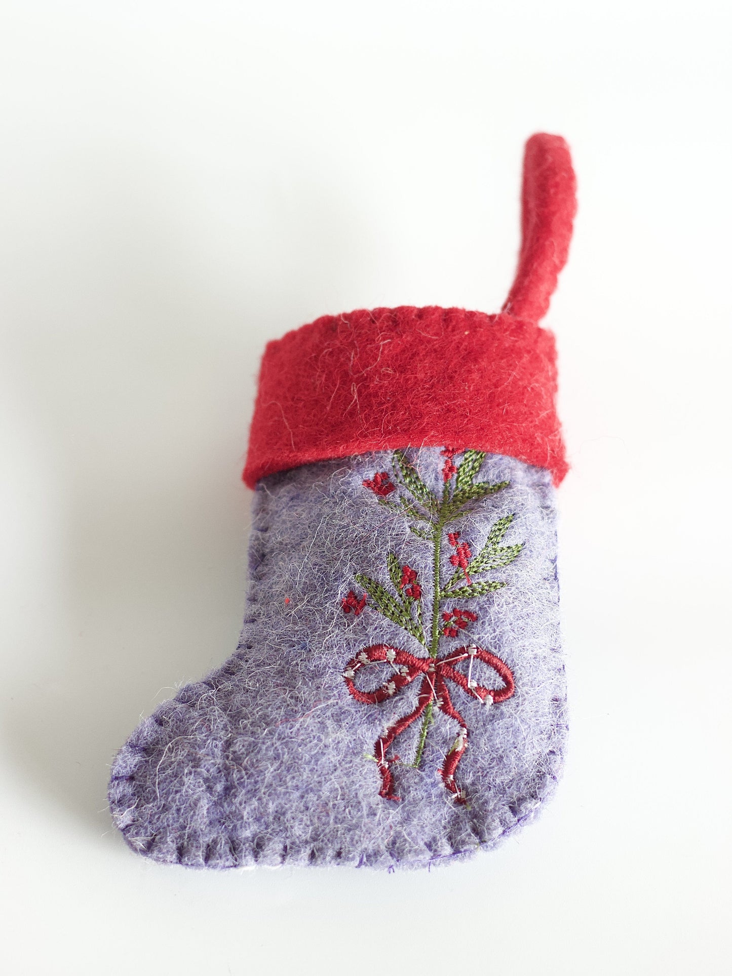Christmas Ornament | Felt Embroidered Holly Stocking