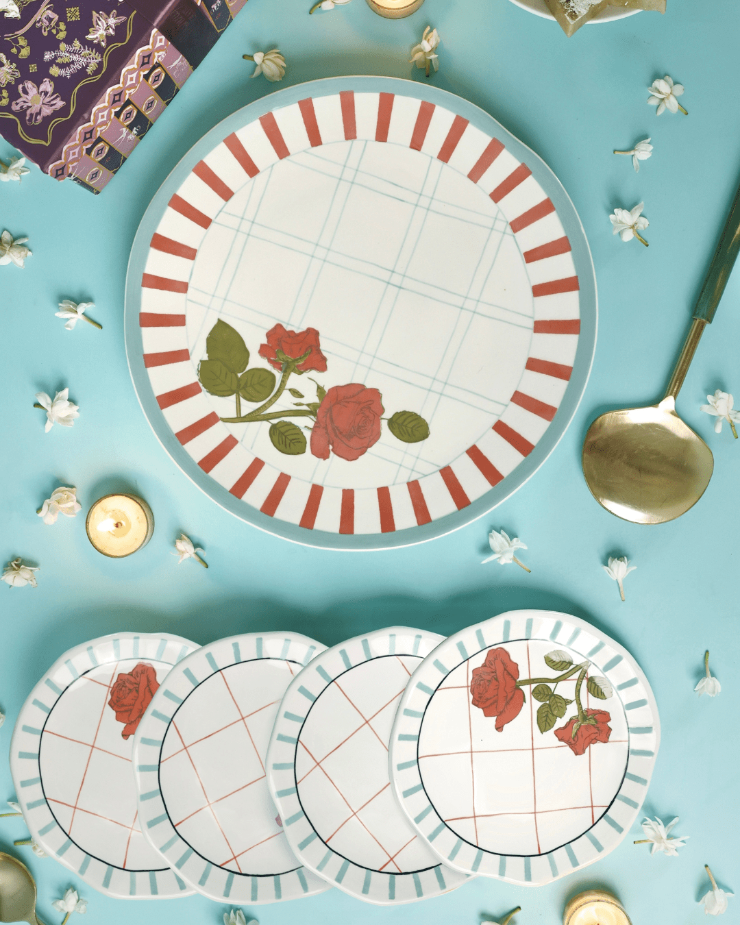 Serving Plate | Ceramic Hand-painted Rose Design | Set of 2, Small & Large