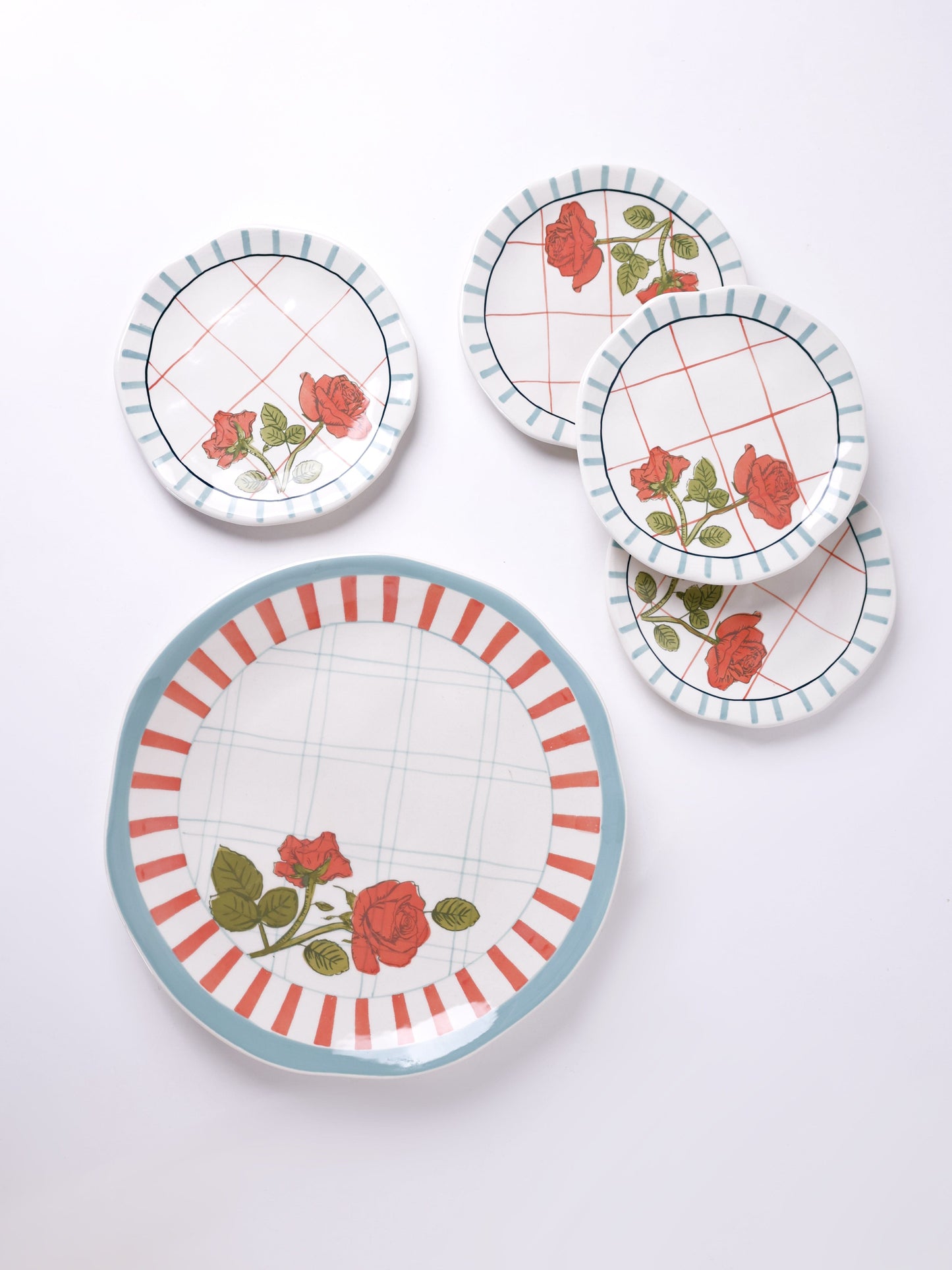 Serving Plate | Ceramic Hand-painted Rose Design | Set of 2, Small & Large
