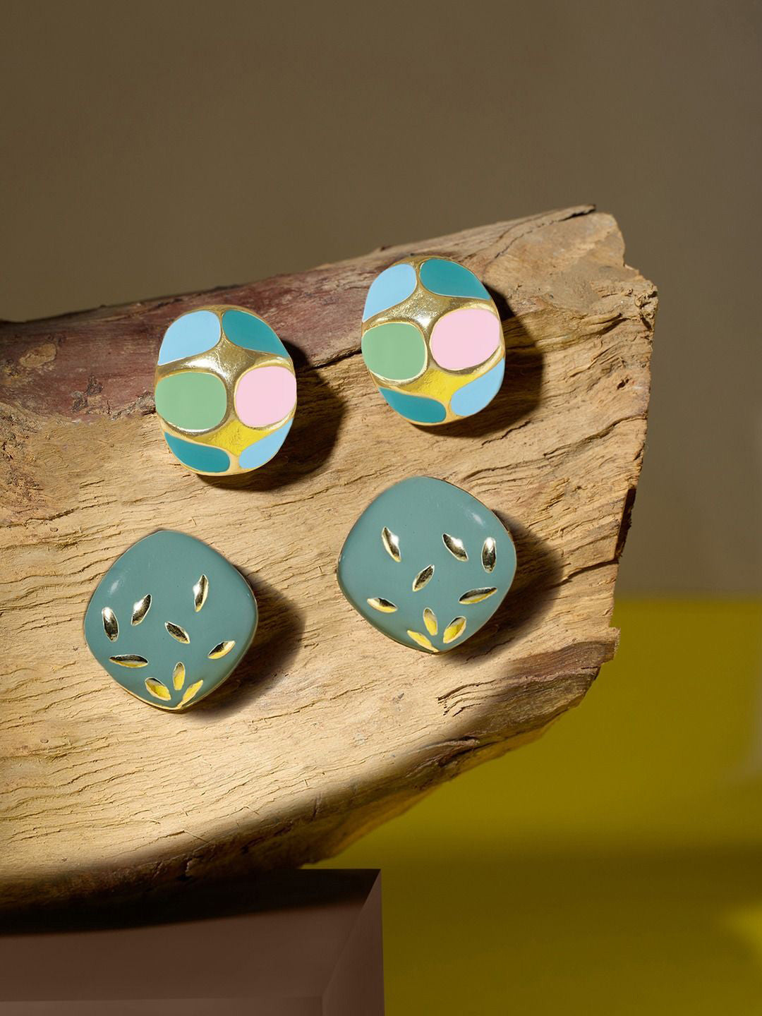 Gold-Plated Enamelled Stud Earrings – Mismatched Contemporary Pair – Gold-Toned Finish