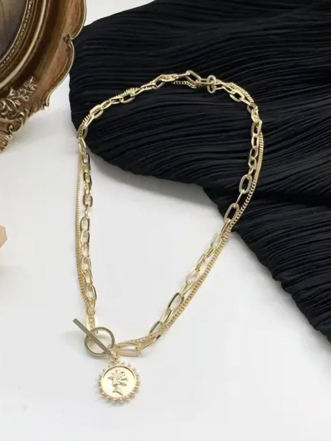 Gold-Plated Layered Necklace – Vintage Coin Pendant – Stainless Steel Jewellery – Retail Stock