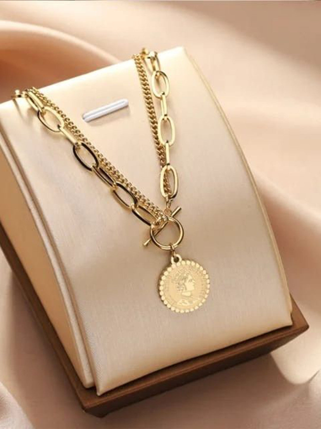 Gold-Plated Layered Necklace – Vintage Coin Pendant – Stainless Steel Jewellery – Retail Stock