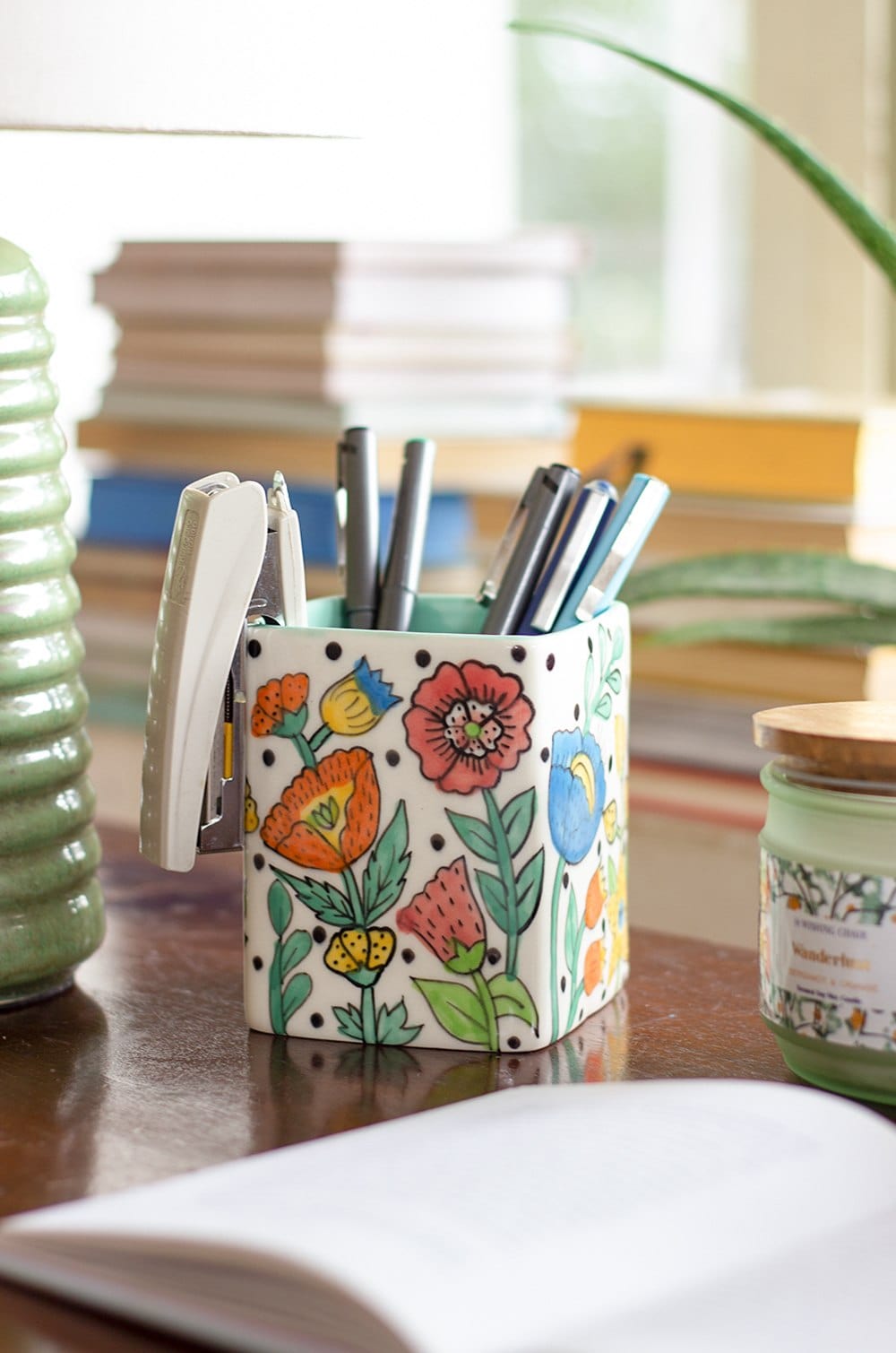 Serving Tray | Handpainted Ceramic Cutlery Holder | Kelly Green