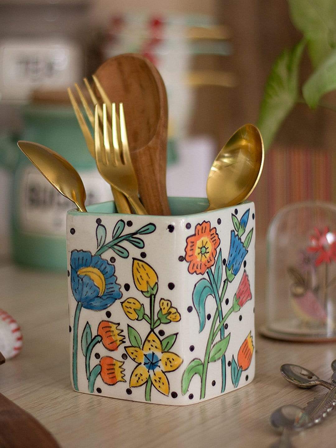 Serving Tray | Handpainted Ceramic Cutlery Holder | Kelly Green
