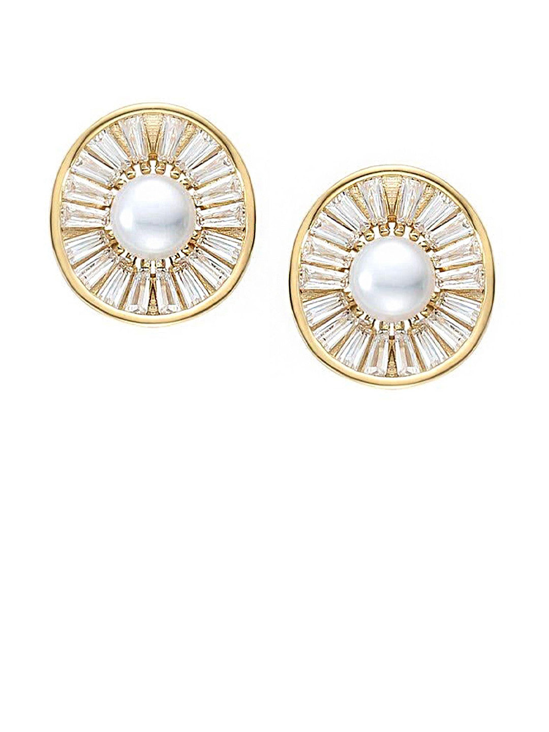 Gold-Plated AD Studded & Pearls Beaded Circular Studs – Stud Earrings – Gold-Toned, American Diamond – 1.5x1.3cm