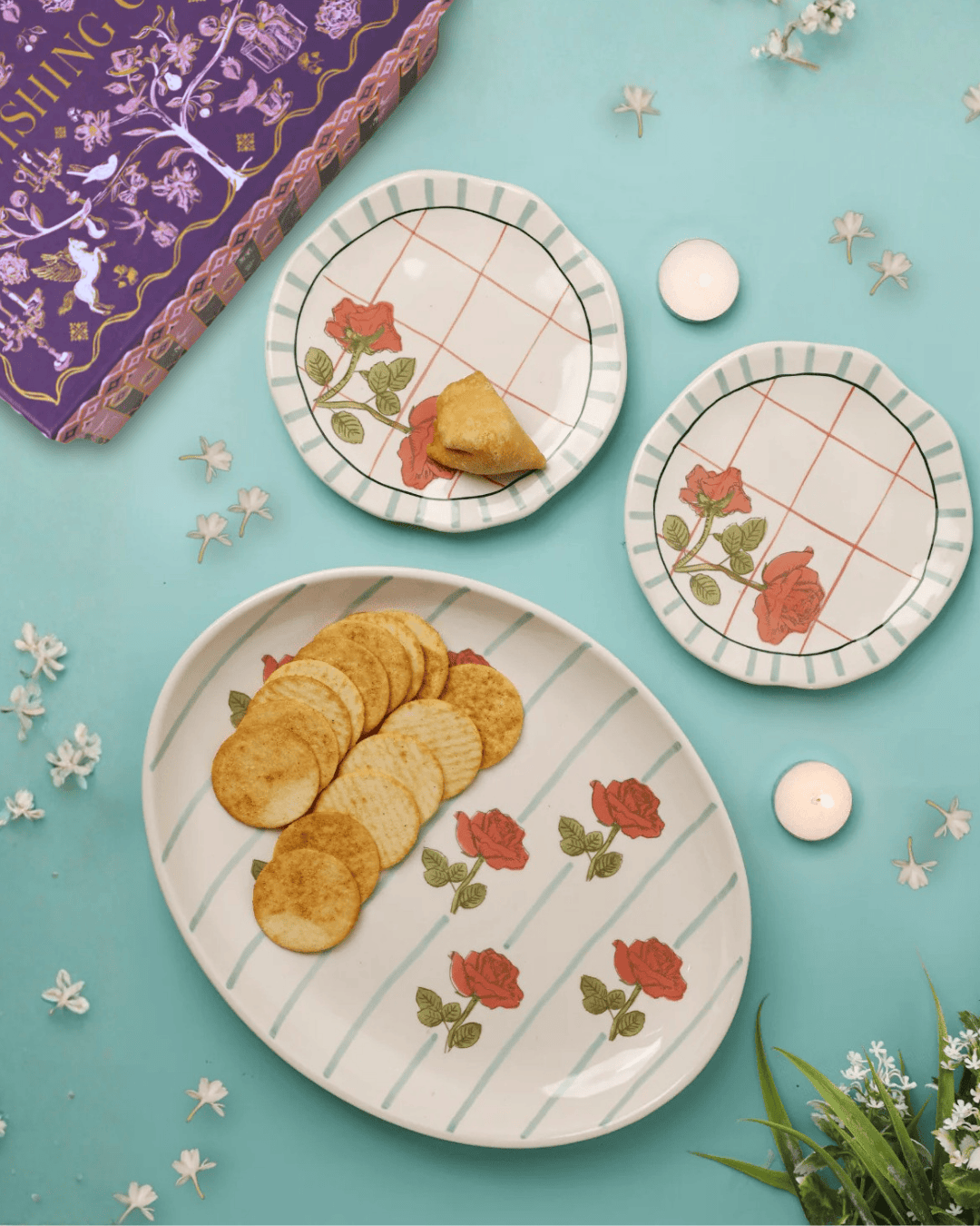 Serving Plate | Ceramic Hand-painted Rose Motifs | Set of 3
