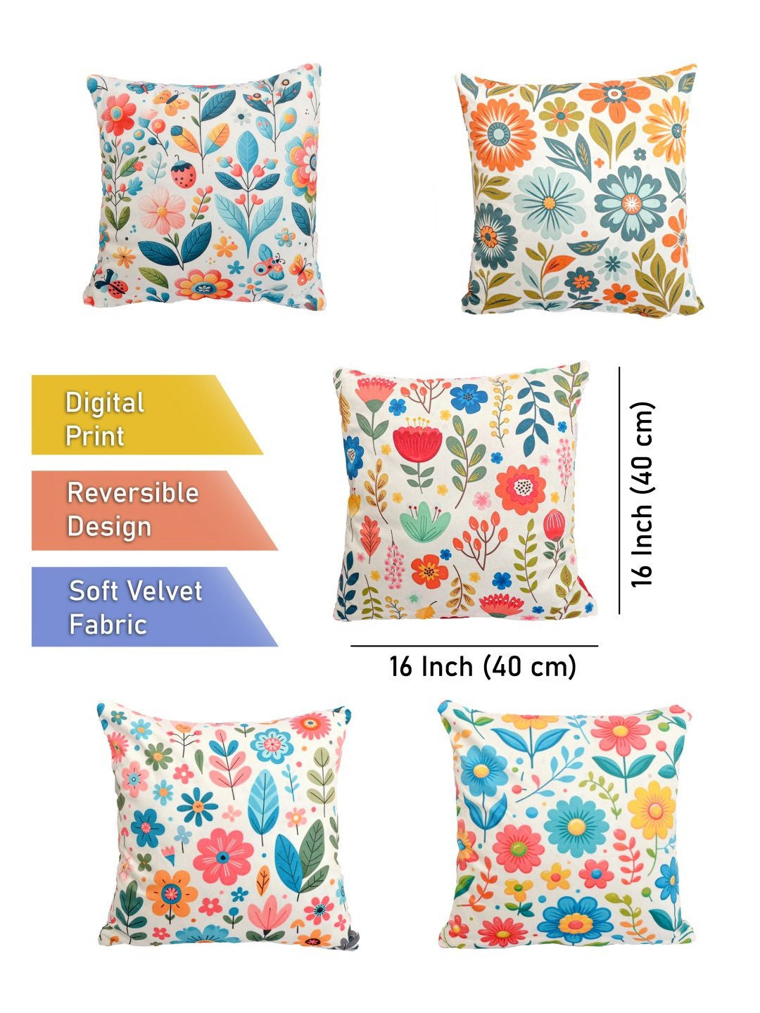 Lot de 5 housses de coussin réversibles blanches à motif floral, en velours imprimé numérique, 40 x 40 cm