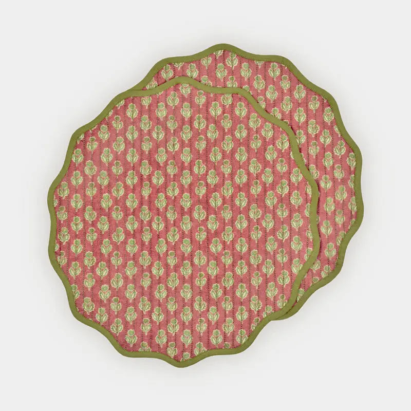 Table Mat | Viola Scallop Carmine Quilted Round Table Mats-Set of 2 by Sanctuary Living