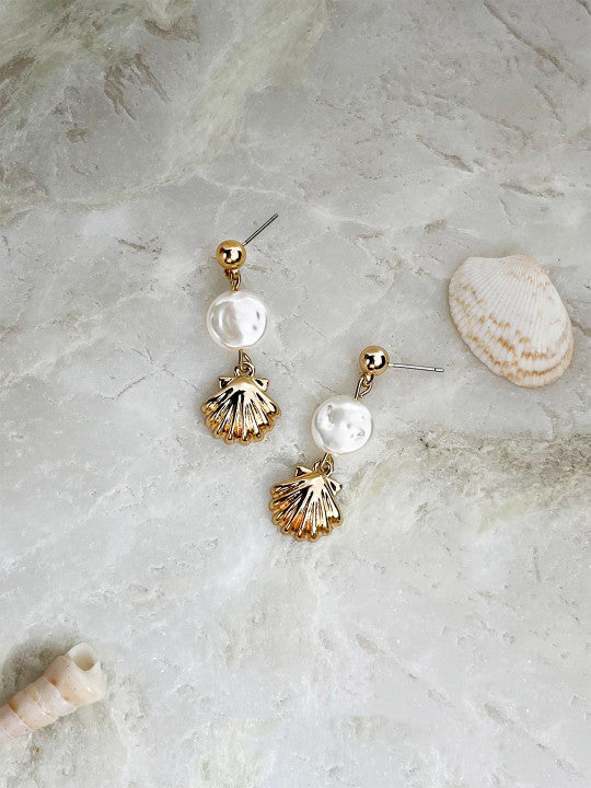 Pearl Drop Earrings – Gold-Toned Beaded Finish with Post-Back