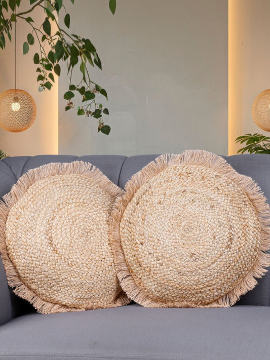 Set of 2 - Decorative Cushion Covers – Throw Pillow Slips – Jute Cotton Blend, Self-Design – Round