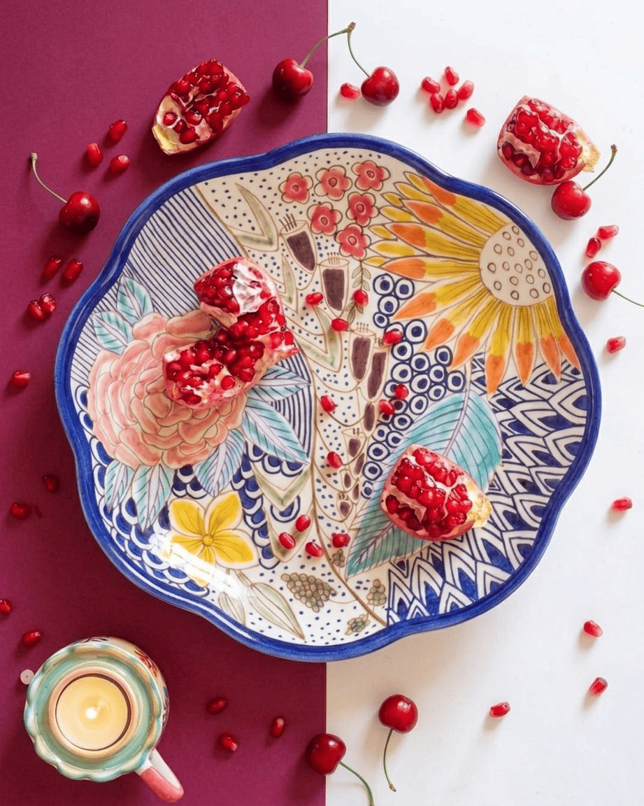 Serving Plate | Ceramic Handpainted Botanical Geometric | 11.75x1.4in