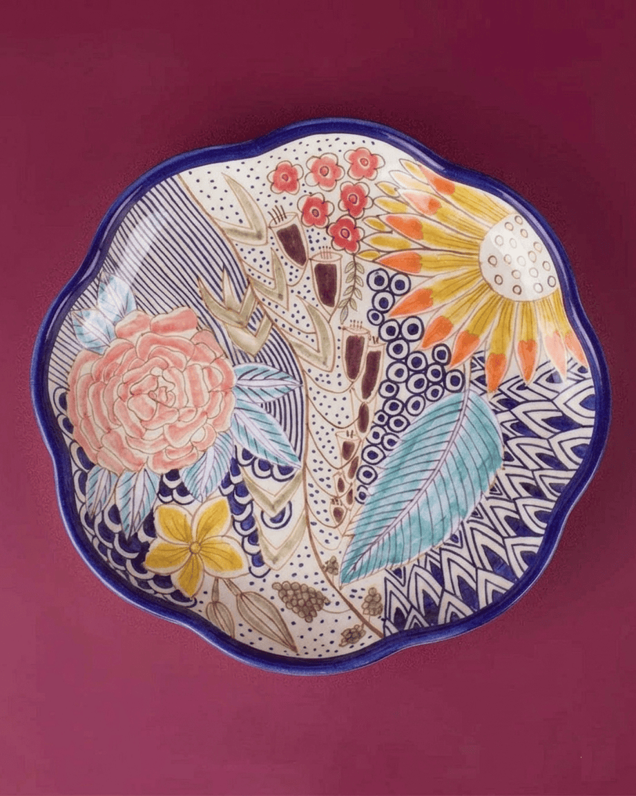 Serving Plate | Ceramic Handpainted Botanical Geometric | 11.75x1.4in