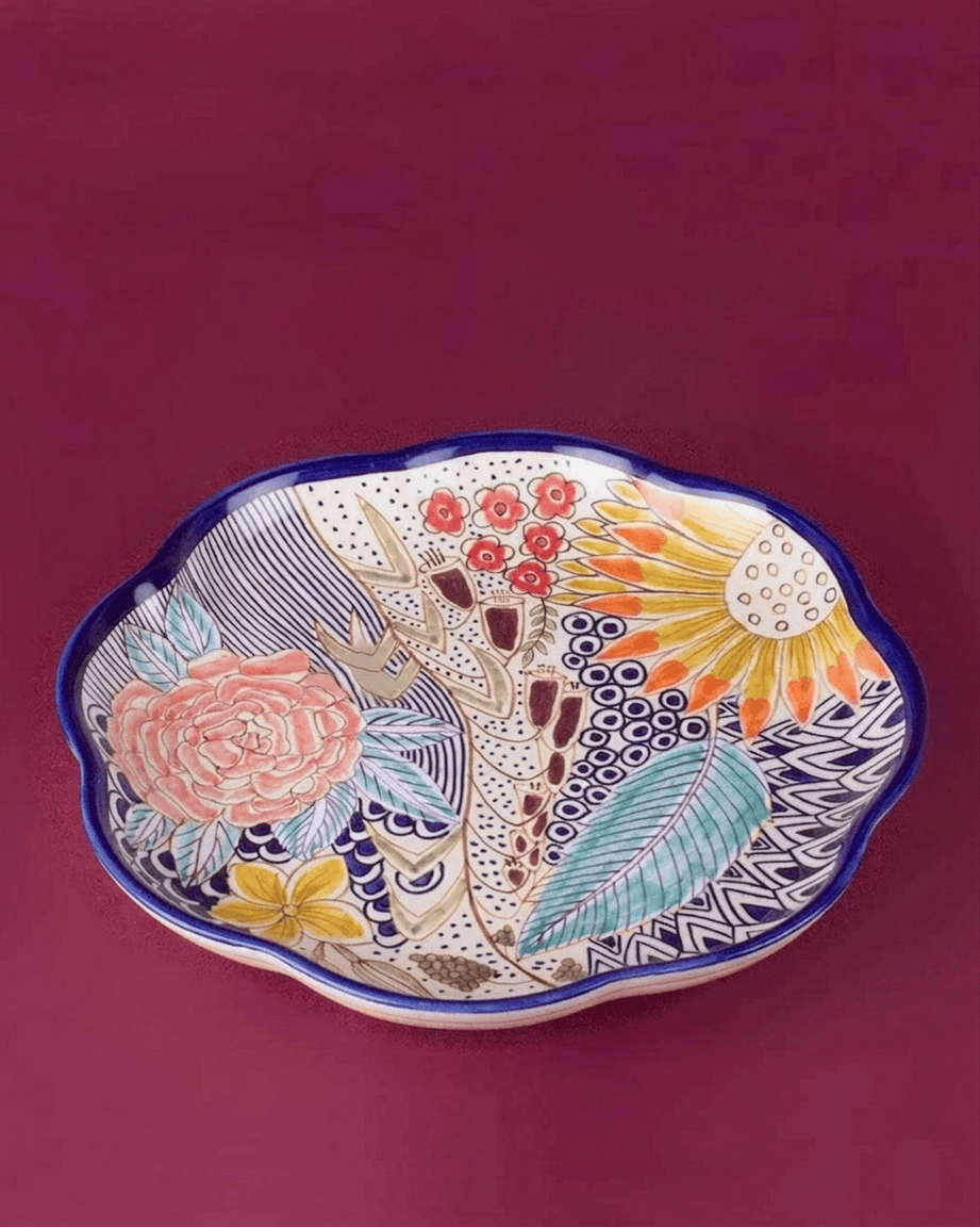Serving Plate | Ceramic Handpainted Botanical Geometric | 11.75x1.4in