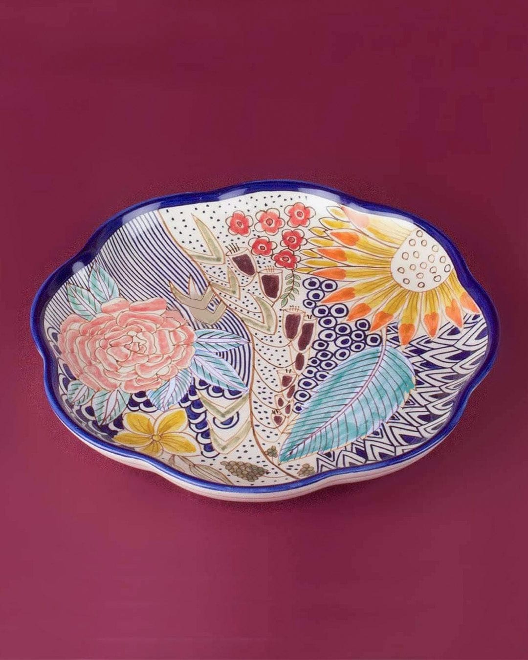 Serving Plate | Ceramic Handpainted Botanical Geometric | 11.75x1.4in