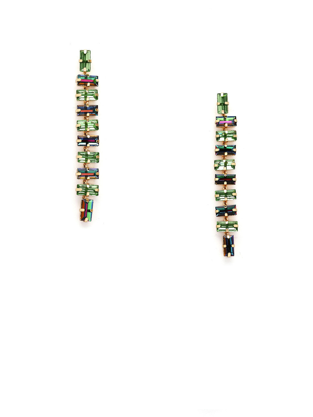 Gold Plated Rhinestone Studded Drop Earrings – Rectangular Shape – Green Accents – 8cm Length