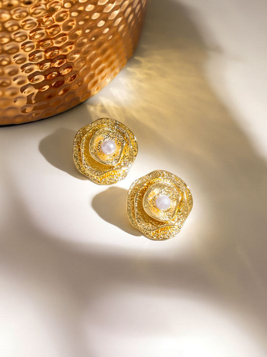 Gold-Toned Botanical Studs – Fashion Earrings – Gold-Plated with Pearls