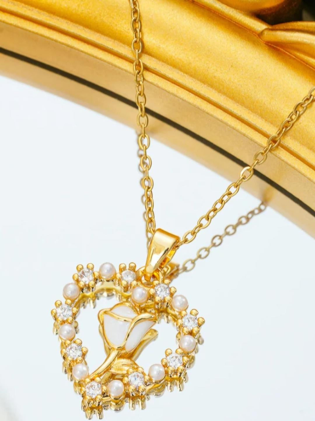Gold-Plated Heart Pendant Necklace – Fashion Jewellery – Pearl & CZ – Rose Motif Design
